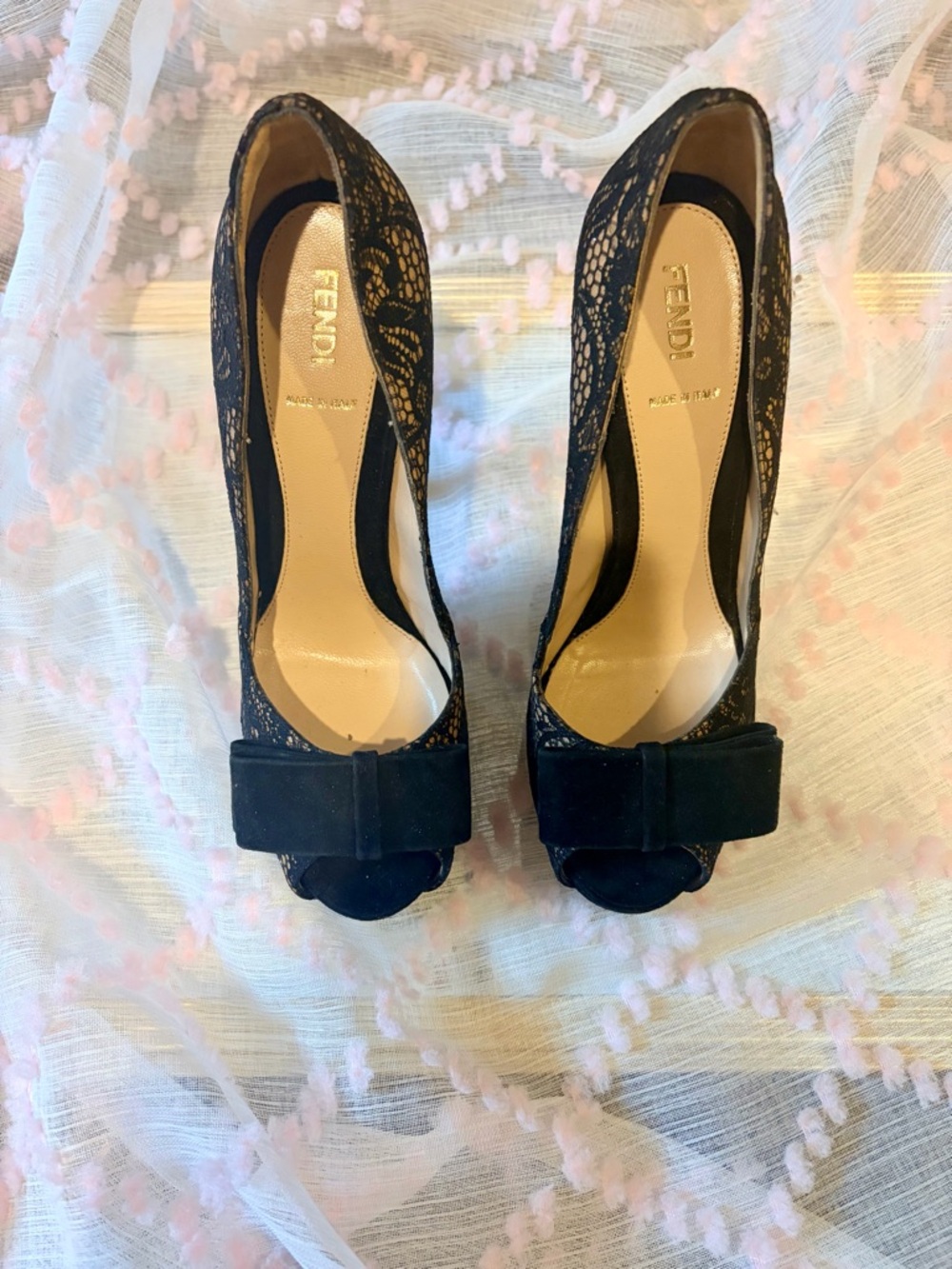 Fendi Black Lace Peep-Toe Pumps with Bow Accent